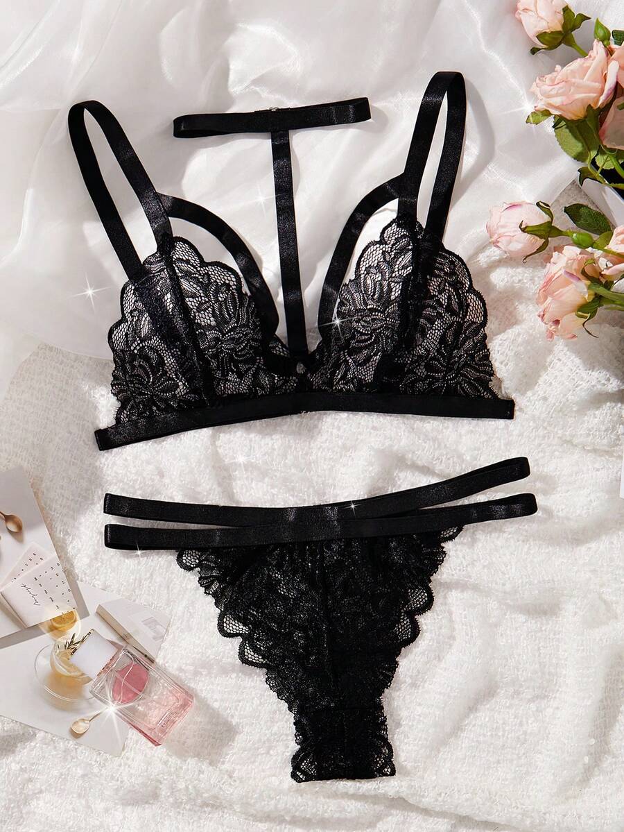 Bộ đồ lót ren hoa Goth, phong cách Baddie - màu đen - Xem 1