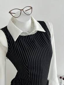 Elamini 黑白条纹圆领套头连衣裙，隐形拉链，收腰，百褶裙摆，优雅甜美，适合上学、上班、约会、日常穿着，秋冬 - 黑色 - 查看 4