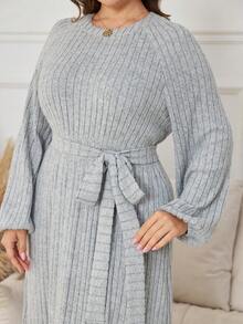 Lacomfia 大码女式针织长袖圆领休闲长裙，秋冬 - 灰色 - 查看 5