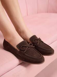 CUCCOO DOLLMOD Round Toe Bow Decor Comfortable Flat Shoes For Women - Coffee Brown - View 6