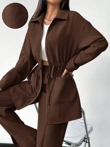 Modelyn 2 件套女士纯色前拉链口袋长袖上衣和裤子休闲装 2 件套 - 咖啡棕 - 查看 3