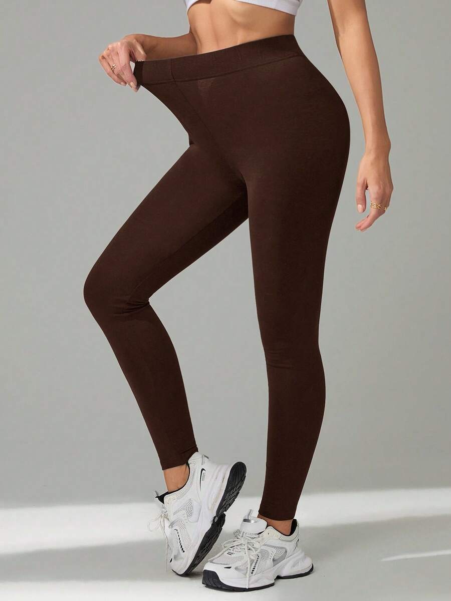 SHEIN Tall 1件套女士休闲纯色高腰紧身裤 - 棕色 - 查看 1