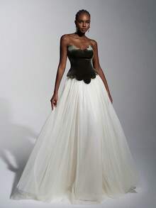 Elitara 优雅复古天鹅绒露肩荷叶边领分层 A 字系带连衣裙，适合晚会、音乐节、宴会、商务活动和各种场合 - 彩色 - 查看 7