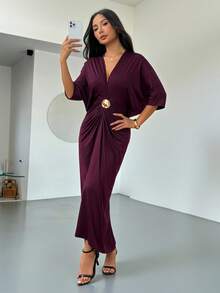 SHEIN PETITE 女式纯色重叠 V 领蝙蝠袖褶皱优雅连衣裙 - 酒紅色 - 查看 1