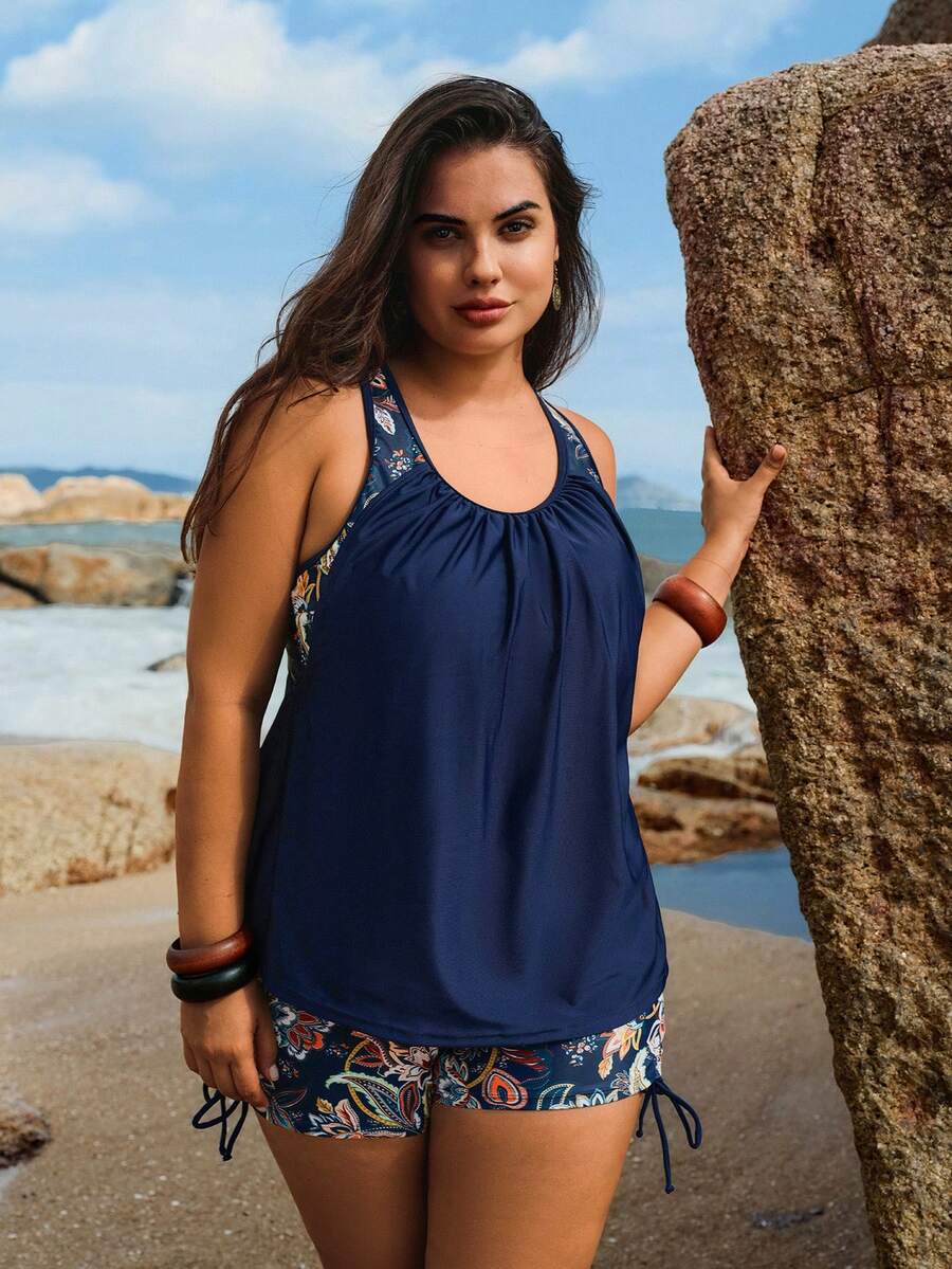 SHEIN Swim Plus Size Women Print Beach Vacation Vacation Party Vacation Bikini Set Navy Blue Summer Tropical Modest Boho Leisure - Blue - View 1