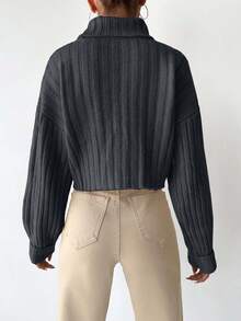 EURMUSE Women's Solid Color High Neck Drop Shoulder Casual Sweater - Grey - View 2