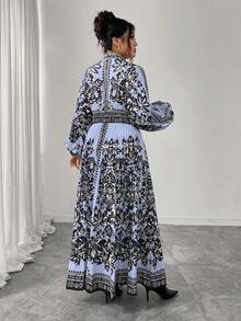 Elenzga 大码女式长款褶皱喇叭裙，黑色和杏色，圆领，收腰，修身，长袖，优雅适合下午茶和外出，佩斯利印花长裙 - 淺藍色 - 查看 2