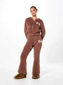 SUMWON WOMEN Chaqueta de punto con capucha con cremallera, textura de sherpa, cálida y cómoda para estar en casa en invierno - Marrón - Ver 3