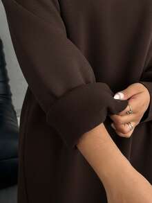 SHEIN EZwear 大码宽松休闲长款羊毛卫衣连衣裙，秋冬 - 棕色 - 查看 6