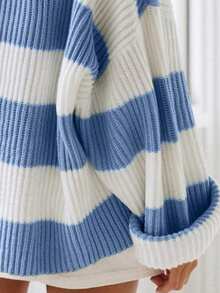 SHEIN EMERY ROSE CURVE Plus Size Casual Colorblock Striped Plus Size Sweater, Autumn/Winter - Blue - View 4