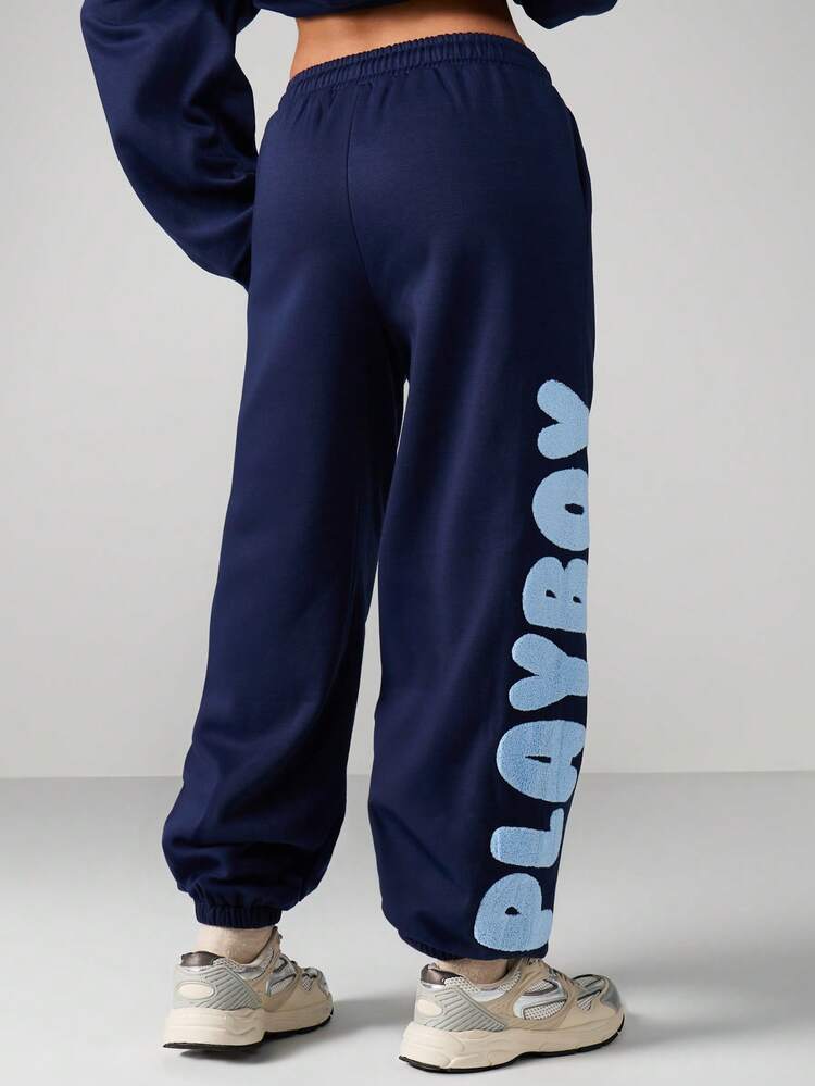 Missguided x Playboy Drawstring Sweatpants With Text Print Cuffed Joggers For Casual Winter Loungewear