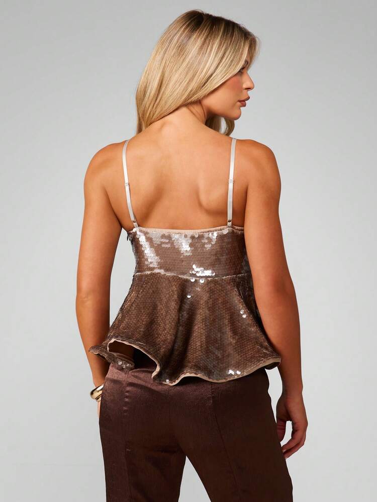 MISSGUIDED Sequin Flared Hem Camisole Tank Top Party Sparkle Evening Formal Occasion Spaghetti Strap Peplum Style Glamorous Metallic Shimmer