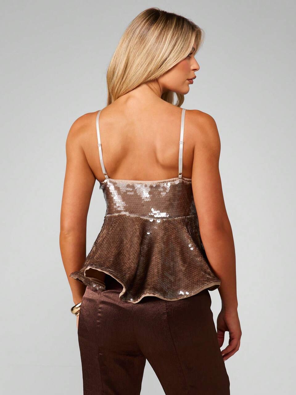 MISSGUIDED Sequin Flared Hem Camisole Tank Top Party Sparkle Evening Formal Occasion Spaghetti Strap Peplum Style Glamorous Metallic Shimmer