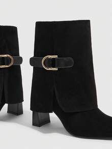 CUCCOO SZL 女士时尚黑色天鹅绒尖头搭扣带街头时尚中筒靴 - 黑色 - 查看 6