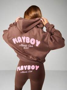 Missguided x Playboy Cropped Zip Through Hoodie With Drawstring And Centre Pocket For Casual Streetwear - Coffee Brown - View 3