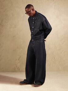 SUMWON Men's Cropped Carpenter Long Sleeve Denim Shirt Button Down Dark Wash Cotton Workwear Utility Jacket With Pockets Plain - Navy Blue - View 5