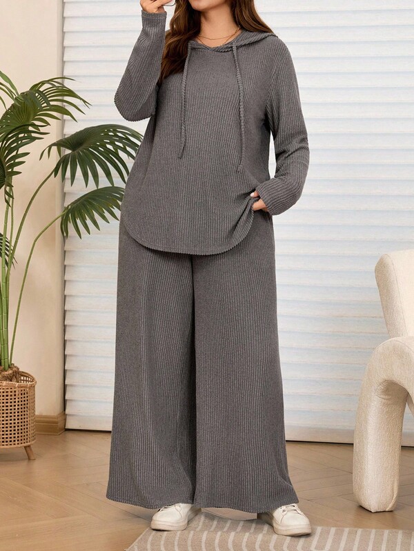 EMERY ROSE 2 piezas Conjunto de sudadera con capucha y pantalones casuales de talla grande en gris oscuro con bolsillos, para otoño/invierno