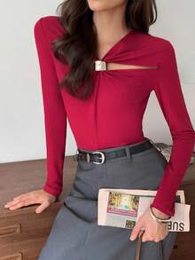 Elyressa Women's Elegant Wine Red French Twist Metal Button Long Sleeve Pleated Waist T-Shirt,Casual Autumn T-Shirt For Party,Daily Wear,Holiday,Christmas - Red - View 4
