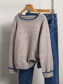 Sparklyn 少女圆领长袖简约优雅灰色百搭百搭毛衣短款灰色毛衣秋冬打底衫2025新款宽松针织套头衫高端节日度假毛衣