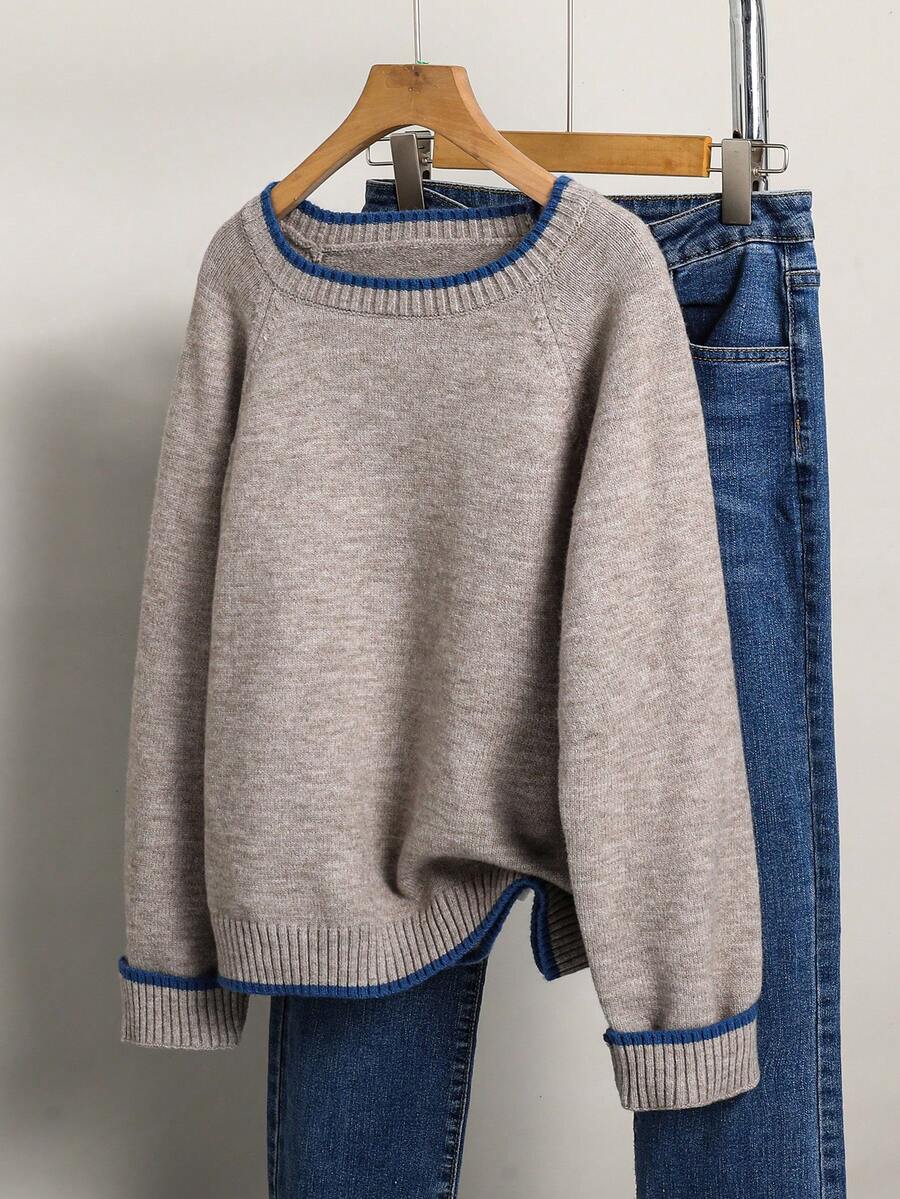 Sparklyn 少女圆领长袖简约优雅灰色百搭百搭毛衣短款灰色毛衣秋冬打底衫2025新款宽松针织套头衫高端节日度假毛衣