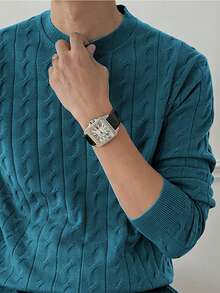 Claim Dot 男士纯色简约圆领长袖针织衫，休闲日常穿着男士麻花针织衫，绿松石色男士毛衣 - 水鴨藍 - 查看 3