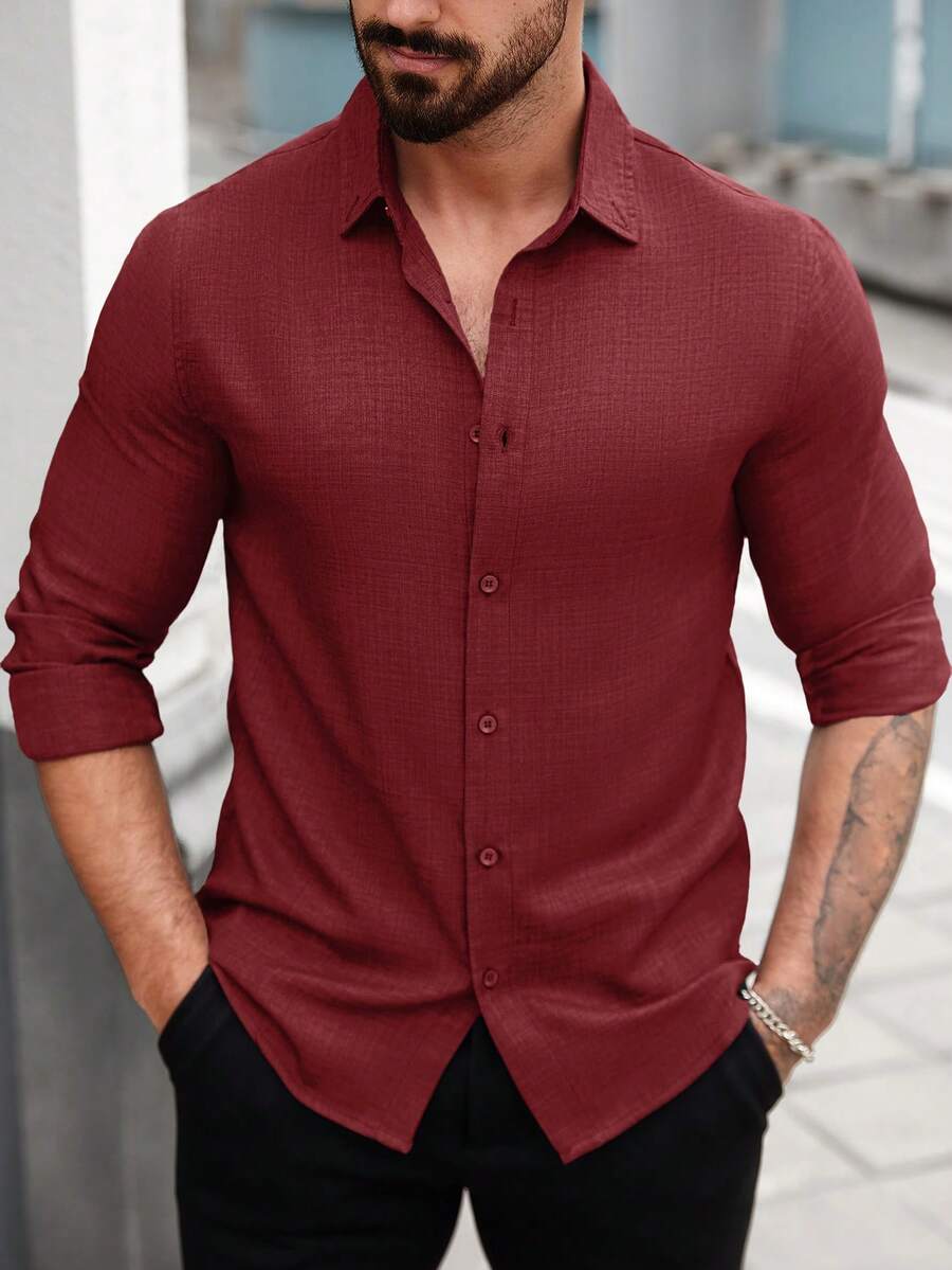 Manfinity Homme 男式纯色休闲前扣长袖条纹衬衫 - 玫瑰紅 - 查看 1