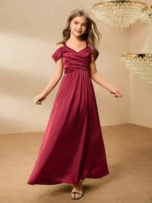 少女缎面露肩 A 字裙，带荷叶边袖，优雅花童礼服，适合婚礼、舞会、生日派对、万圣节、圣诞节 - 酒紅色 - 查看 3