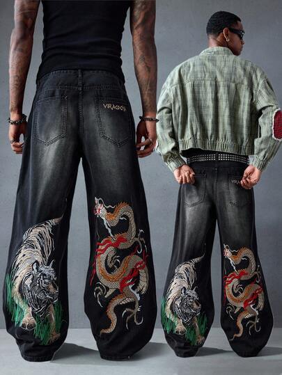 Street Life Jeans casuales anchos y sueltos con bolsillo bordado con dragón chino para hombres