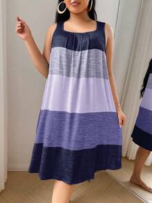 SHEIN 女士加大码休闲条纹无袖短款睡裙，方领柔软针织面料，夏季条纹连衣裙，女士吊带无袖连衣裙，宽松睡裙 - 藍色 - 查看 1