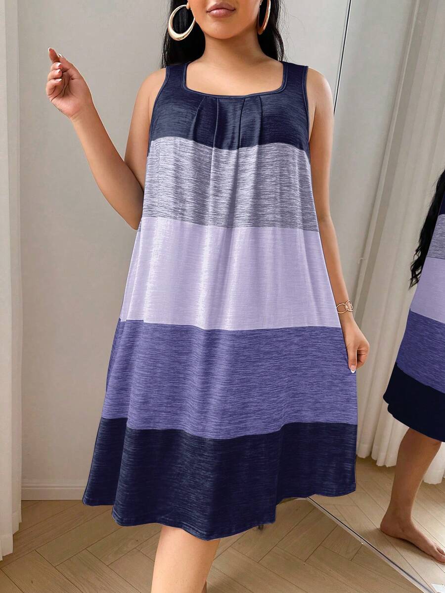 SHEIN 女士加大码休闲条纹无袖短款睡裙，方领柔软针织面料，夏季条纹连衣裙，女士吊带无袖连衣裙，宽松睡裙 - 藍色 - 查看 1