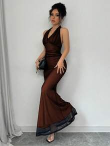 Rafferiza 优雅修身鱼尾下摆 V 领腰部褶皱针织网眼玫瑰红色衬里长款连衣裙，适合女士，秋冬