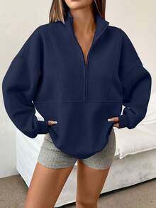 INAWLY 女士宽松休闲立领半拉链连帽衫