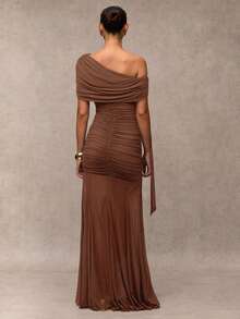 SHEIN BAE 女士纯色褶饰不对称优雅长裙 - 棕色 - 查看 2