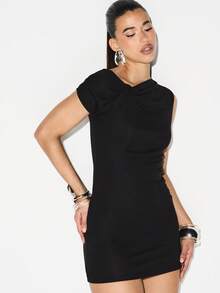 KIZN Twisted Off Shoulder Asymmetric Mini Dress Bodycon Party Evening Nightclub - Black - View 4