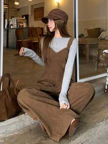 DAZY 女士宽松灯芯绒吊带阔腿裤，休闲优雅，秋冬 - 棕色 - 查看 7
