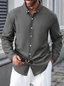 Manfinity Homme 男士加大码休闲纯色衬衫，长袖上衣 - 深灰色 - 查看 3