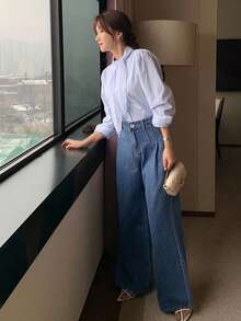 DAZY 高腰水洗蓝褶皱阔腿牛仔裤，秋冬宽松百搭牛仔裤