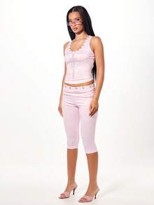 SUMWON WOMEN Gothic Rhinestone Cross Tank Top And High Waist Capri Pants Two Piece Set With Metal Button Details - Pink - View 4