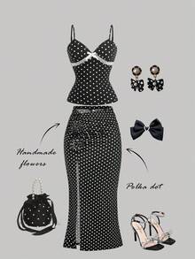 SHEIN MOD Women's 3D Floral Decor Low Waist Ruched Slit Fitted Pencil Skirt,Black White Polka Dot,Autumn,Elegant,Party,Christmas Elegant Split Skirts - Black and White - View 2