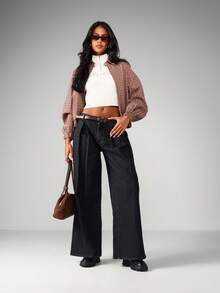 MISSGUIDED 高腰阔腿褶皱牛仔裤深色水洗复古阔腿裤带口袋 - 黑色 - 查看 4