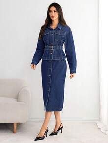 Elenzga Women's Fashionable Commuter Jacket And Denim Skirt Set, Autumn - Blue - View 7