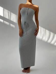 FavEase Damen Lässig einfarbiges Bodycon Tube Kleid mit Tunnelzug in der Taille, ganzjährig tragbar