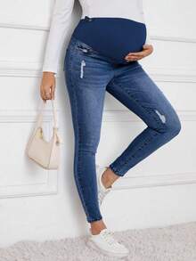 SHEIN Winter Maternity Casual Washed Distressed Skinny Jeans - Dark Wash - View 6