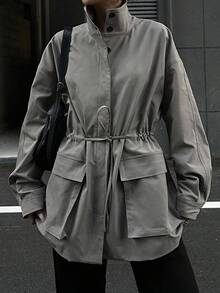 DAZY 女士立领收腰防风夹克，休闲中长款外套 - 灰色 - 查看 4