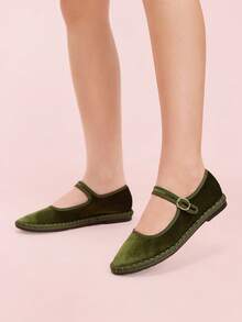 CUCCOO DOLLMOD 女士优雅天鹅绒经典舒适天鹅绒玛丽珍平底鞋，叶绿色 - 軍綠色 - 查看 9