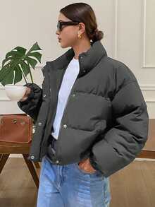 DAZY 前开式宽松女式夹棉大衣、长袖夹克 - 灰色 - 查看 7