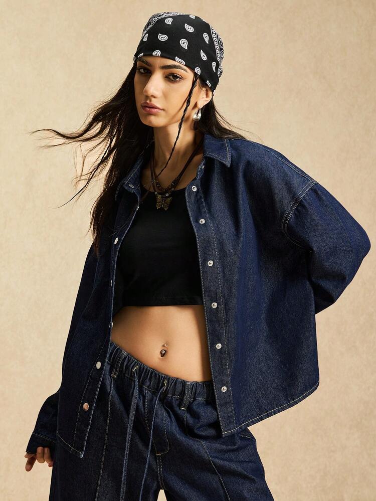 Easelle جاكيت جينز نسائية كاجوال فضفاضة ذات صف أزرار واحد، للربيع/الخريف - أزرق داكن - مشاهدة 5