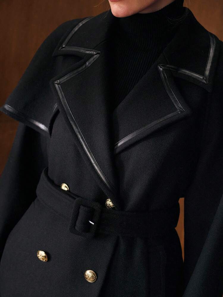 WOOL FAUX LEATHER TRIM OVERCOAT, AUTUMN/WINTER