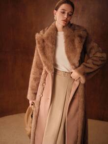 MOTF PREMIUM 双排扣撞色人造皮草大衣