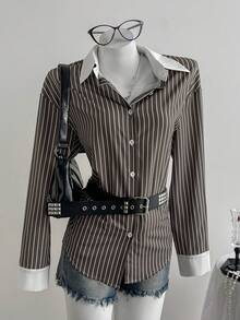 SHEIN Unity Áo len cardigan tay dài dáng rộng, họa tiết sọc tương phản mới dành cho nữ, phù hợp mặc đi làm, đi chơi và mặc hàng ngày, mùa xuân và thu - Nhiều màu - Xem 6